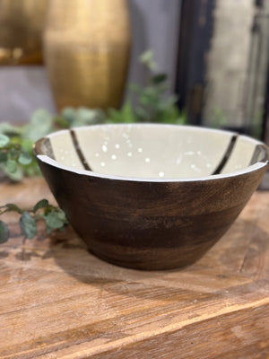 9.5” Round Mango Wood Enameled Striped Bowl