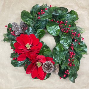 27” Crimson Christmas Magnolia Leaf Wreath