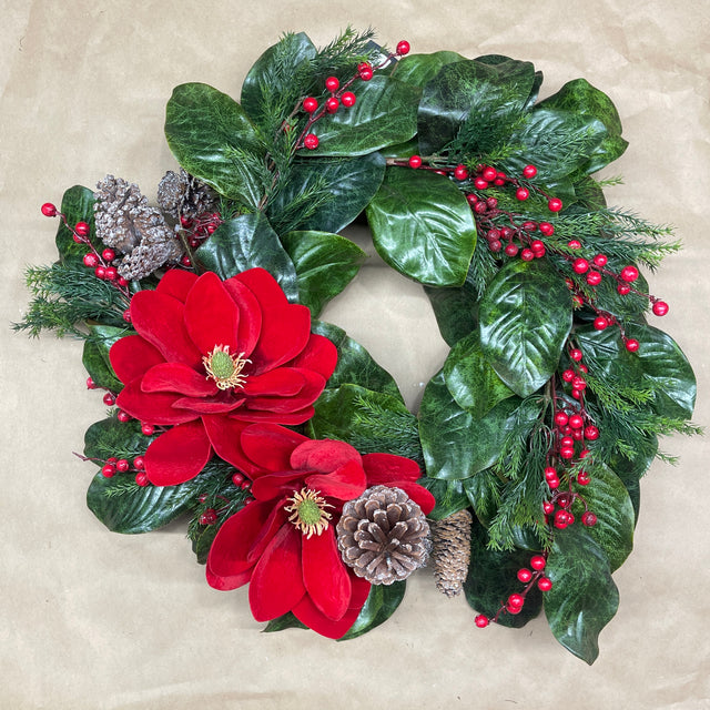 27” Crimson Christmas Magnolia Leaf Wreath