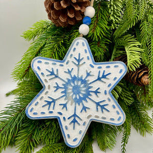 6" White/ Blue Wooden Snowflake with Beaded Hanger