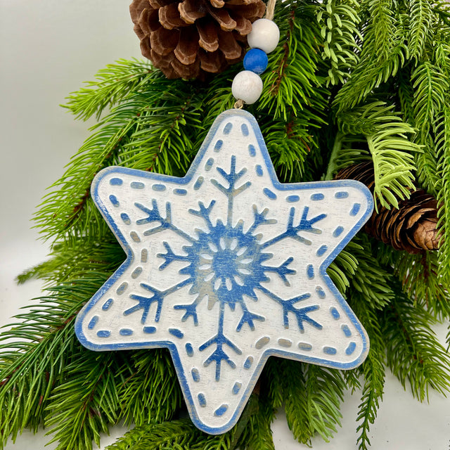 6" White/ Blue Wooden Snowflake with Beaded Hanger