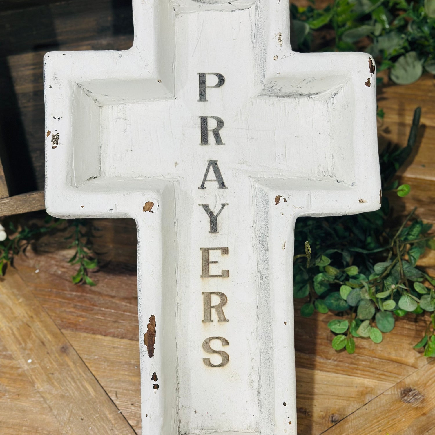 17.75" Large Wood Cross Bowl Engraved Prayers