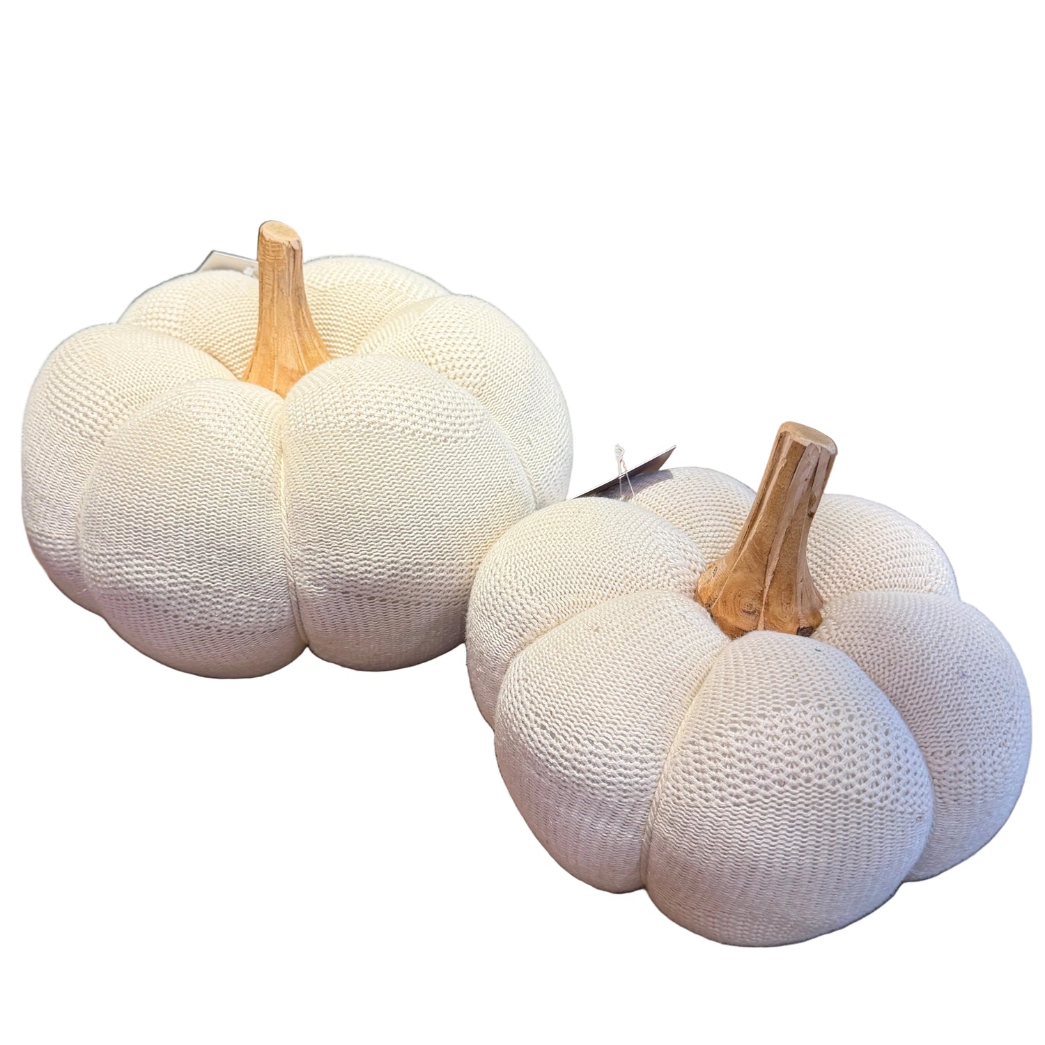 8.25"/6.5" Cream Knit Pumpkins with Wood Stem | Set of 2