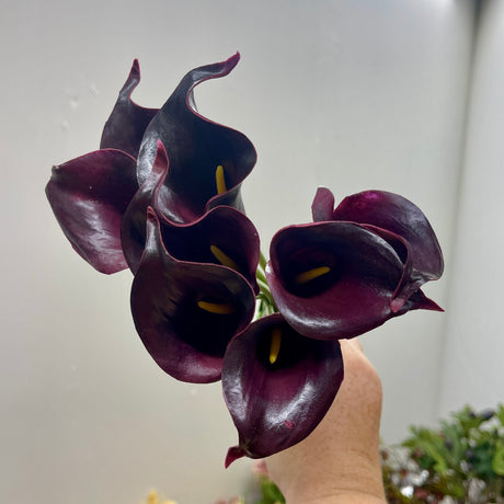 14 inch mini calla lily bundle in deep aubergine with 8 lifelike blooms for arrangements