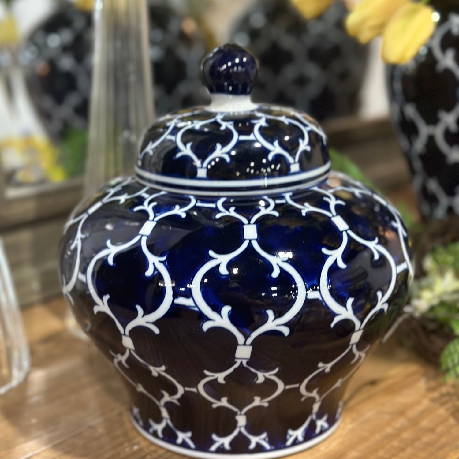 7" Blue & White Quatrefoil Lidded Ceramic Jar