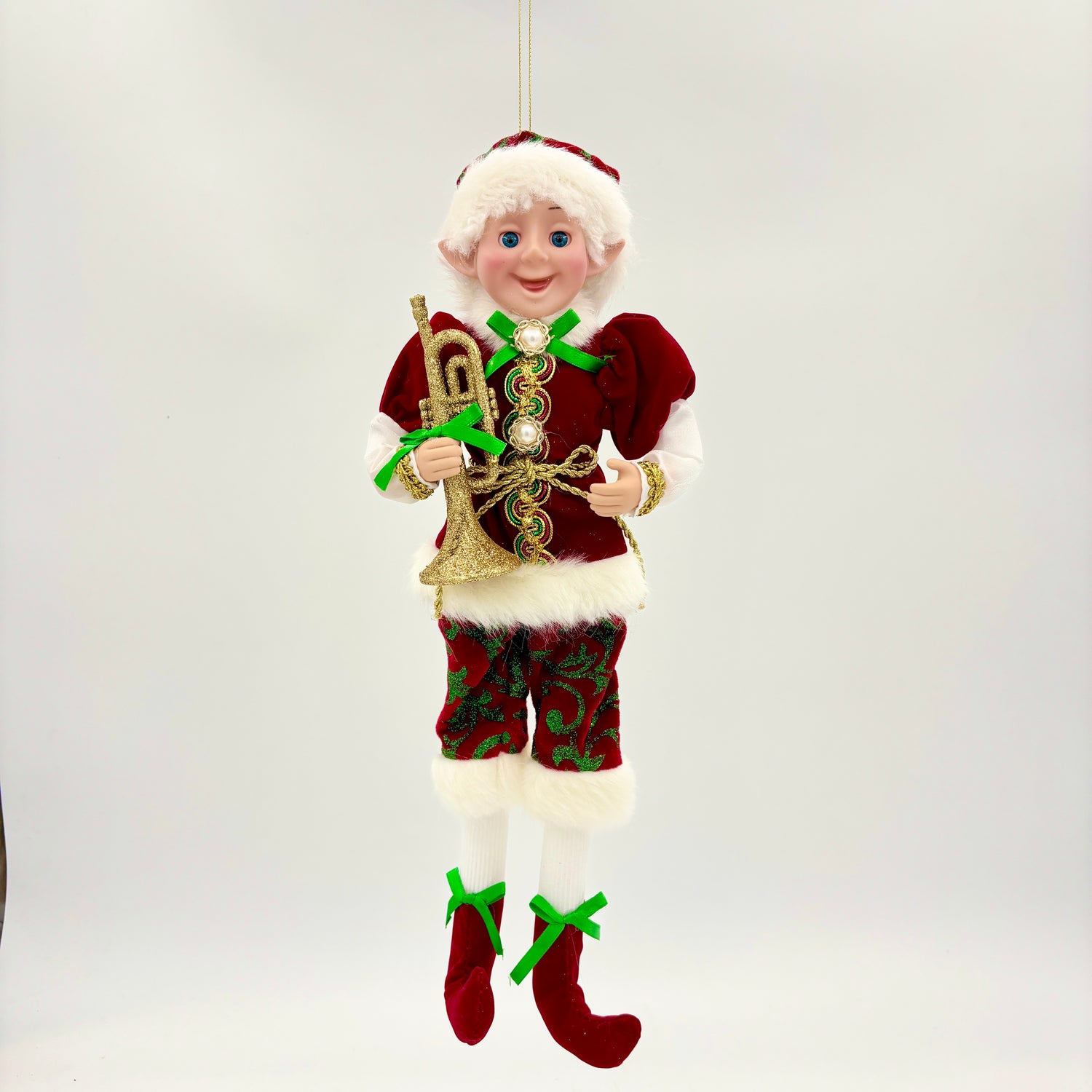 18" Red | Green | Gold | Fabric Pixie Elf with Musical Instrument | Ornament