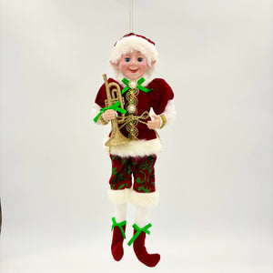 18" Red | Green | Gold | Fabric Pixie Elf with Musical Instrument | Ornament
