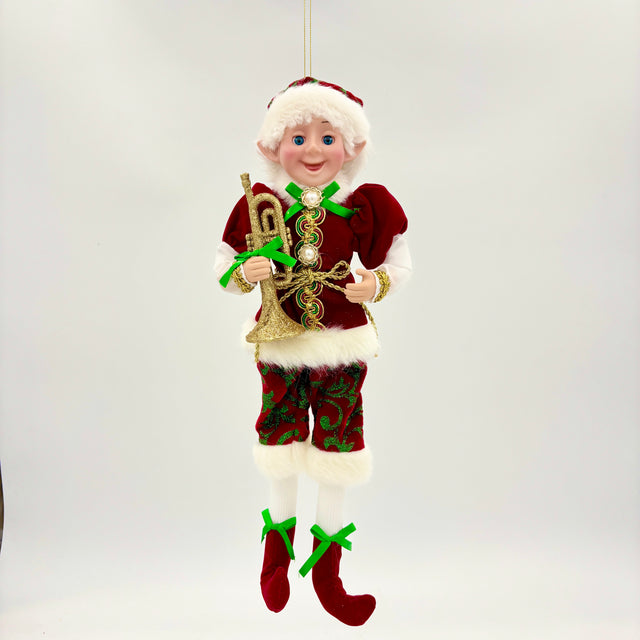 18" Red | Green | Gold | Fabric Pixie Elf with Musical Instrument | Ornament