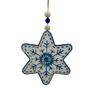 6" White/ Blue Wooden Snowflake with Beaded Hanger
