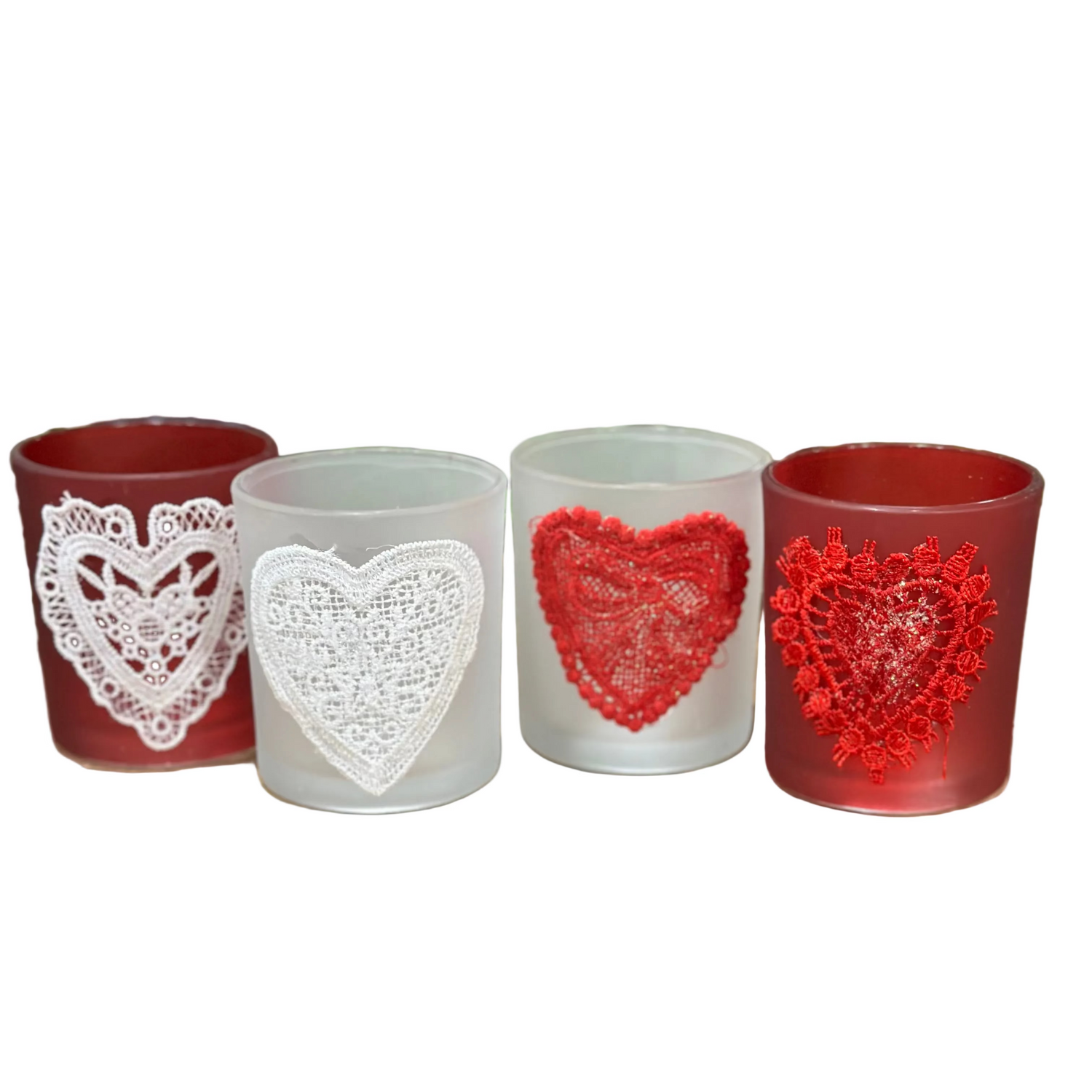 3" Tealight Candle Holder Glass Matt Lace Heart With Glitter