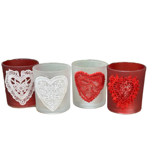 3" Tealight Candle Holder Glass Matt Lace Heart With Glitter