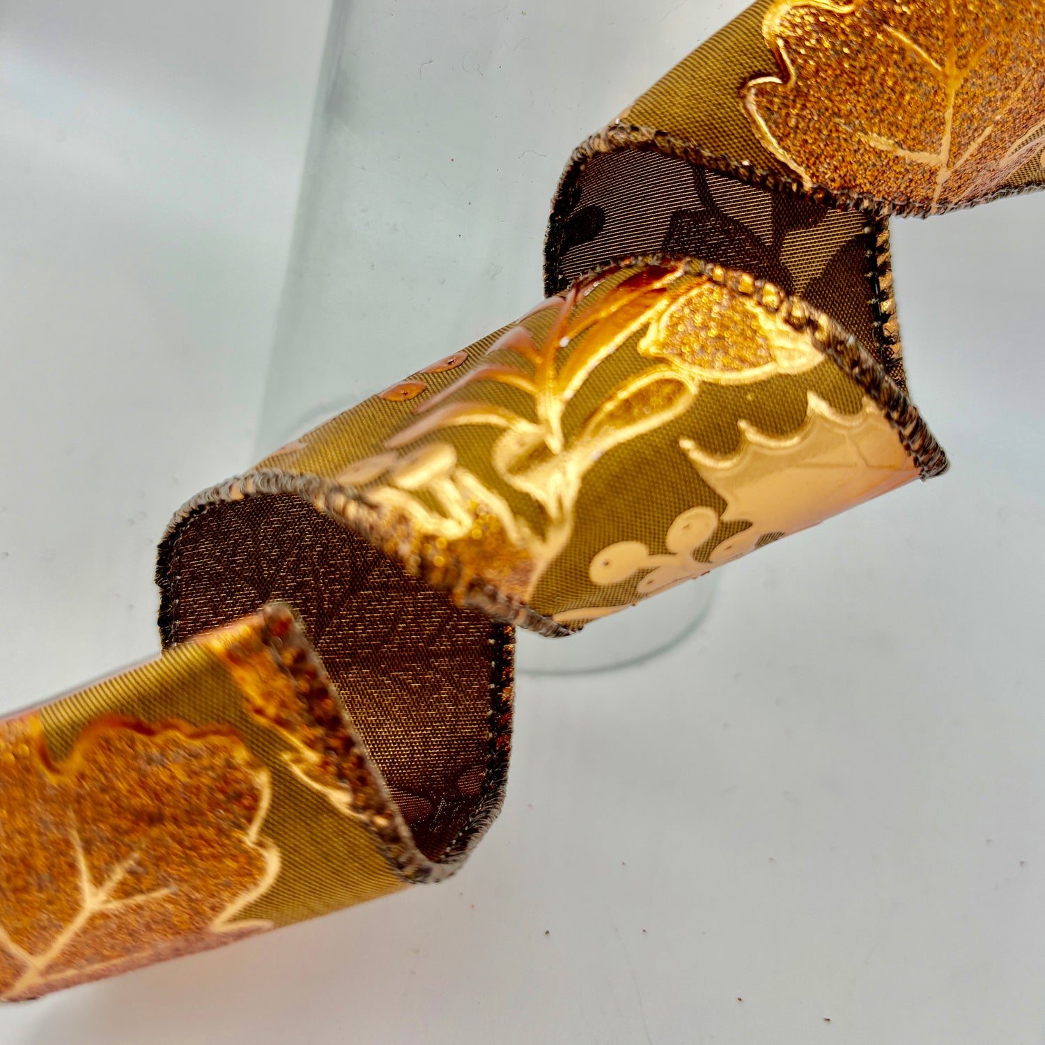 1.5" Copper Leaves and Acorns Metal Wired Edge Ribbon- 10 Yards