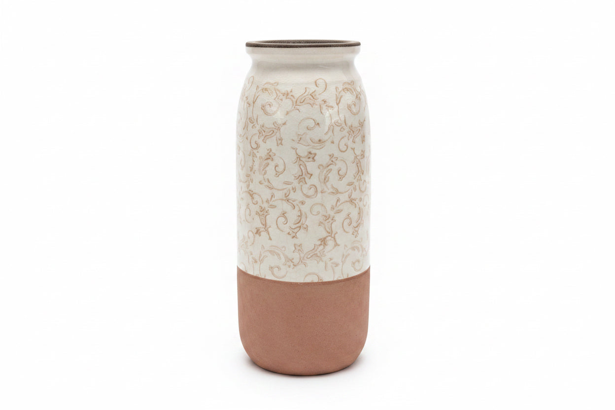 14.5" Cream Ceramic Vase with Tan Floral Pattern