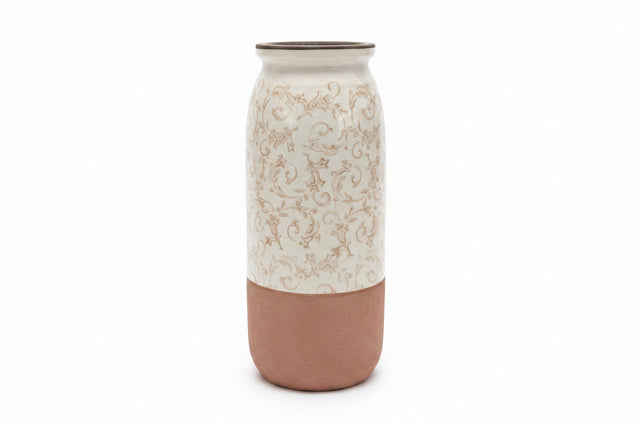 14.5" Cream Ceramic Vase with Tan Floral Pattern