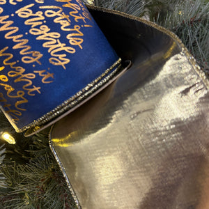 4" x 10 Yards Navy Blue & Gold Taffeta "Oh Holy Night" Ribbon