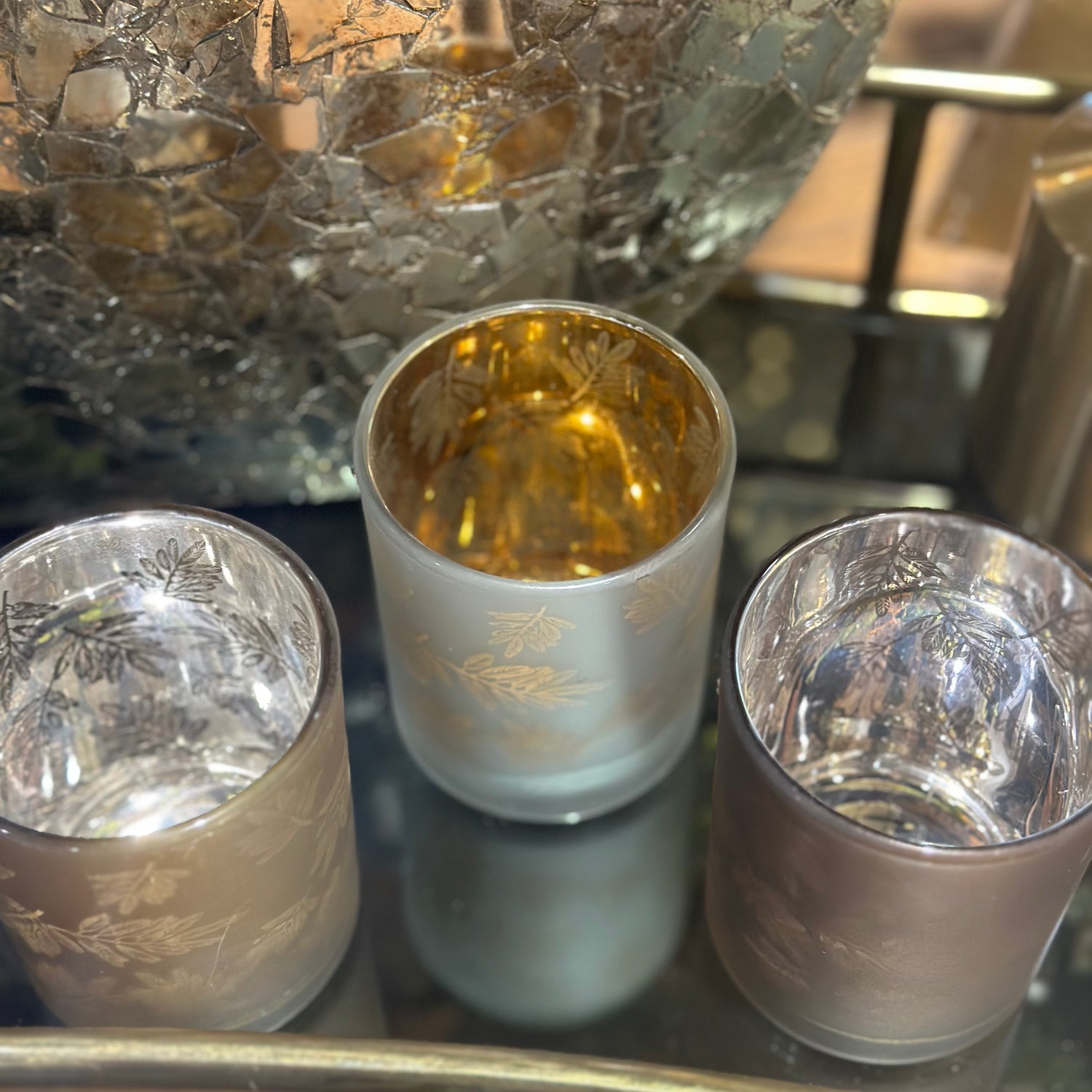 3" Tealight Candle Holder Glass Matte Laser Leaves