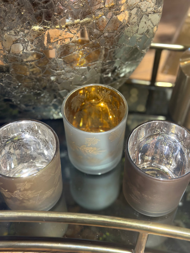 3" Tealight Candle Holder Glass Matte Laser Leaves