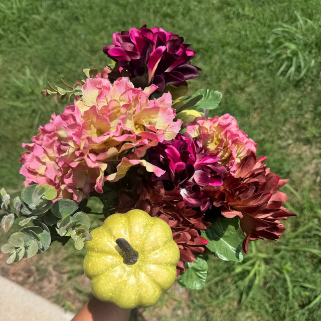 21" Dahlia, Hydrangea, & Pumpkin Bush | Burgundy, Pink, Green