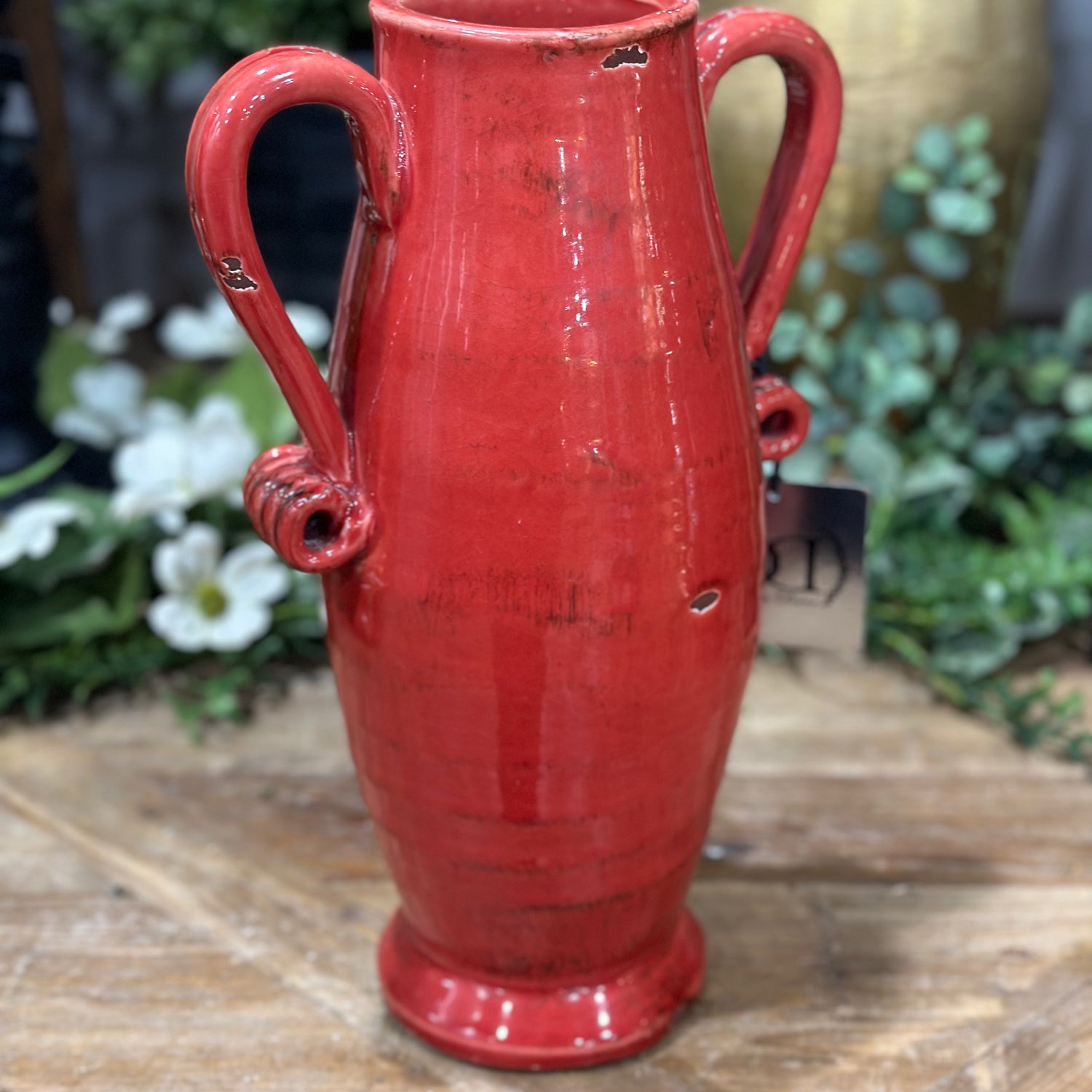 13" Red Glazed Handled Urn