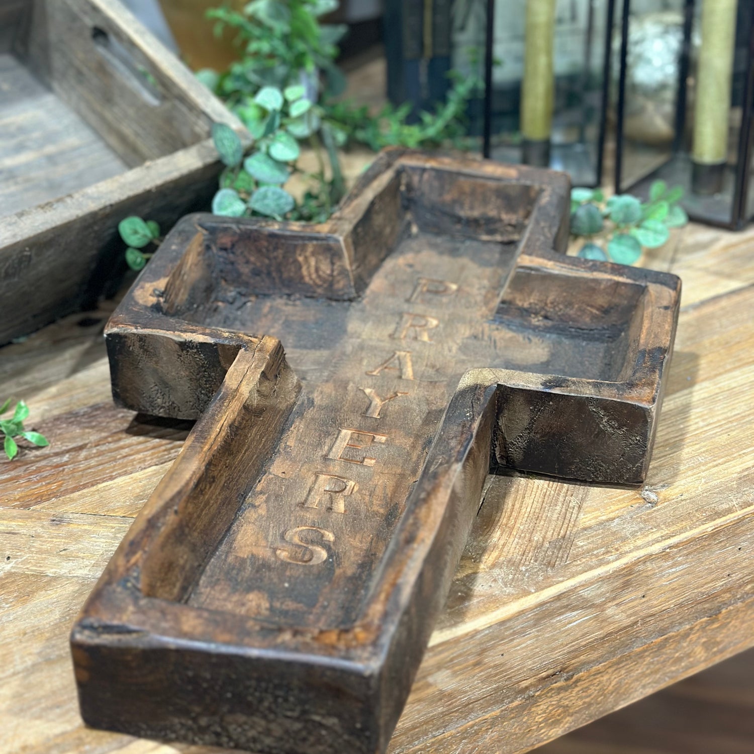 17.75" Large Wood Cross Bowl Engraved Prayers