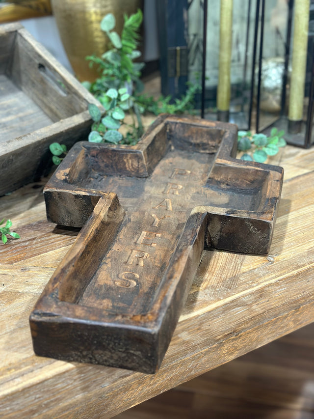 17.75" Large Wood Cross Bowl Engraved Prayers