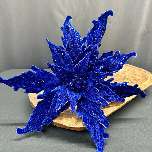 16" Midnight Blue Velvet Poinsettia Pick
