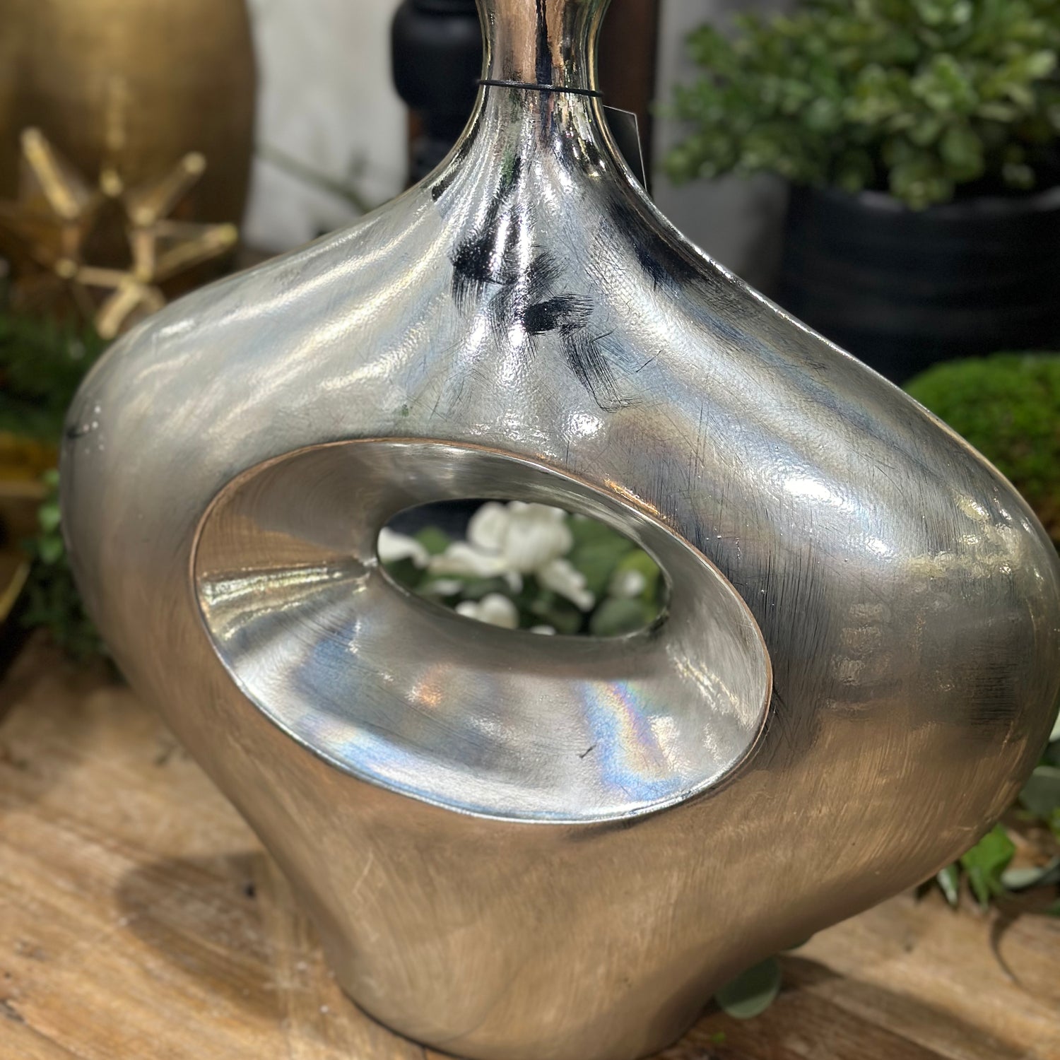 16" Contemporary Abstract Silver Plated Vase Polyresin