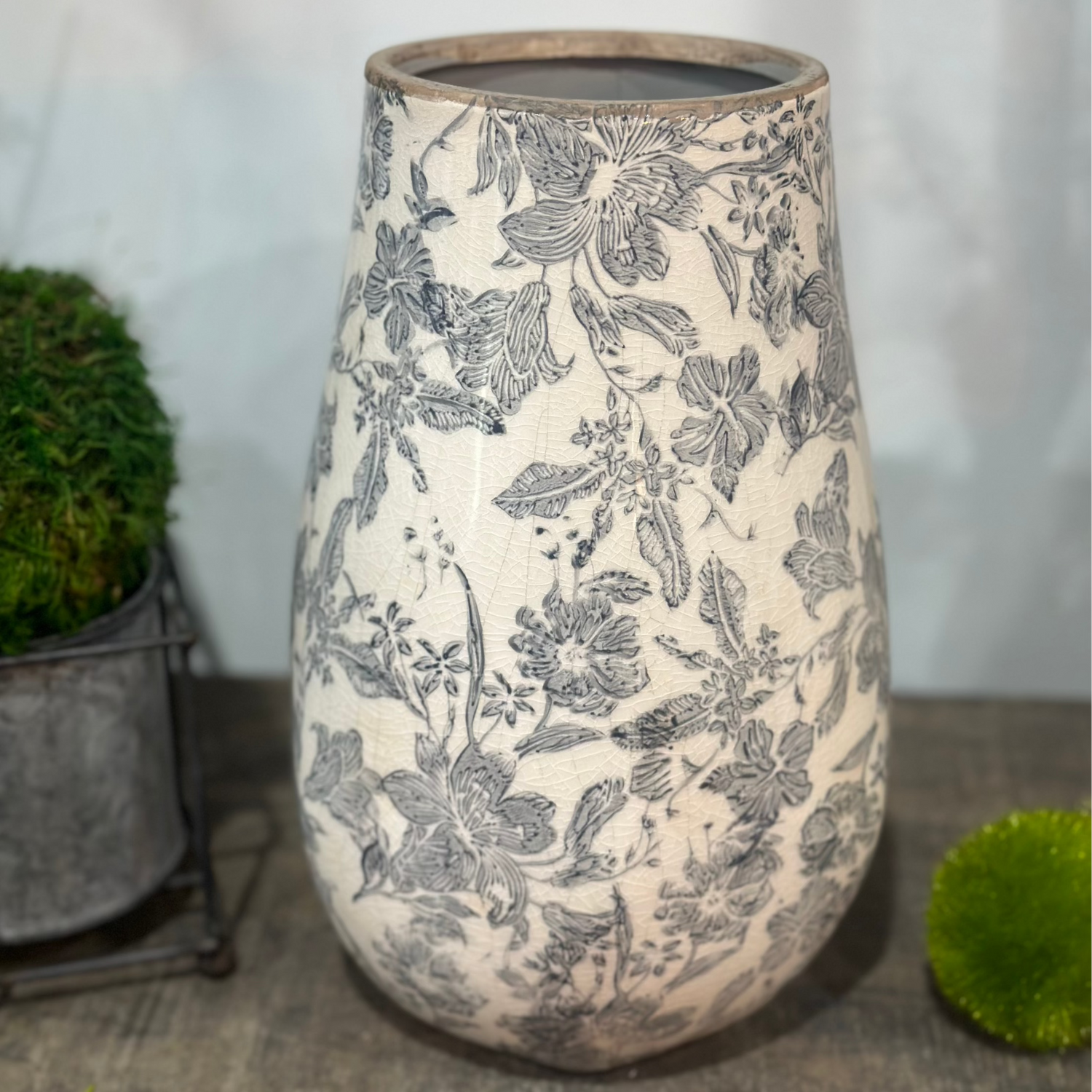 10” White & Black Floral Ceramic Vase
