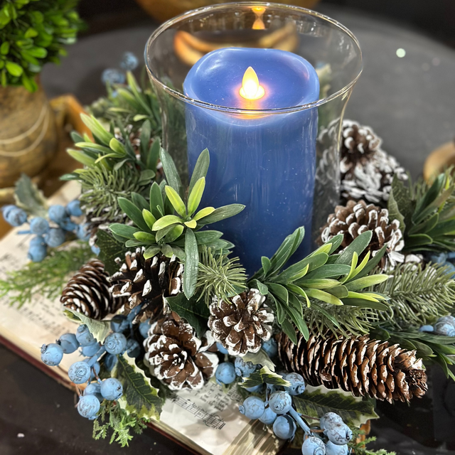 16"BLUEBERRY-SNOWCYPRESS-CONE candleholder