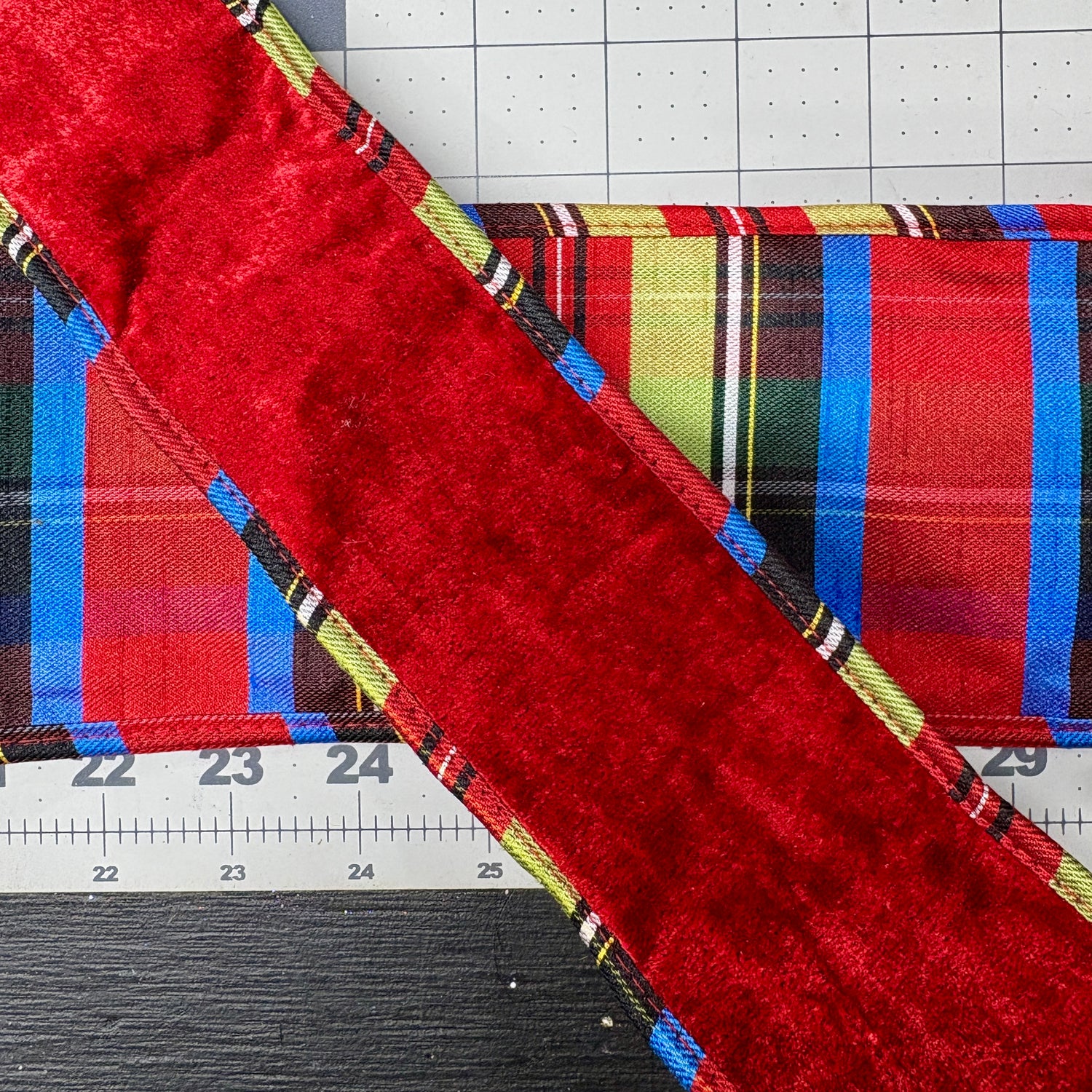 2.5" | 4" x 10YDS Sheldon Red Velvet Ribbon with Plaid Backing & Piping