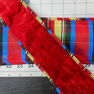 2.5" | 4" x 10YDS Sheldon Red Velvet Ribbon with Plaid Backing & Piping