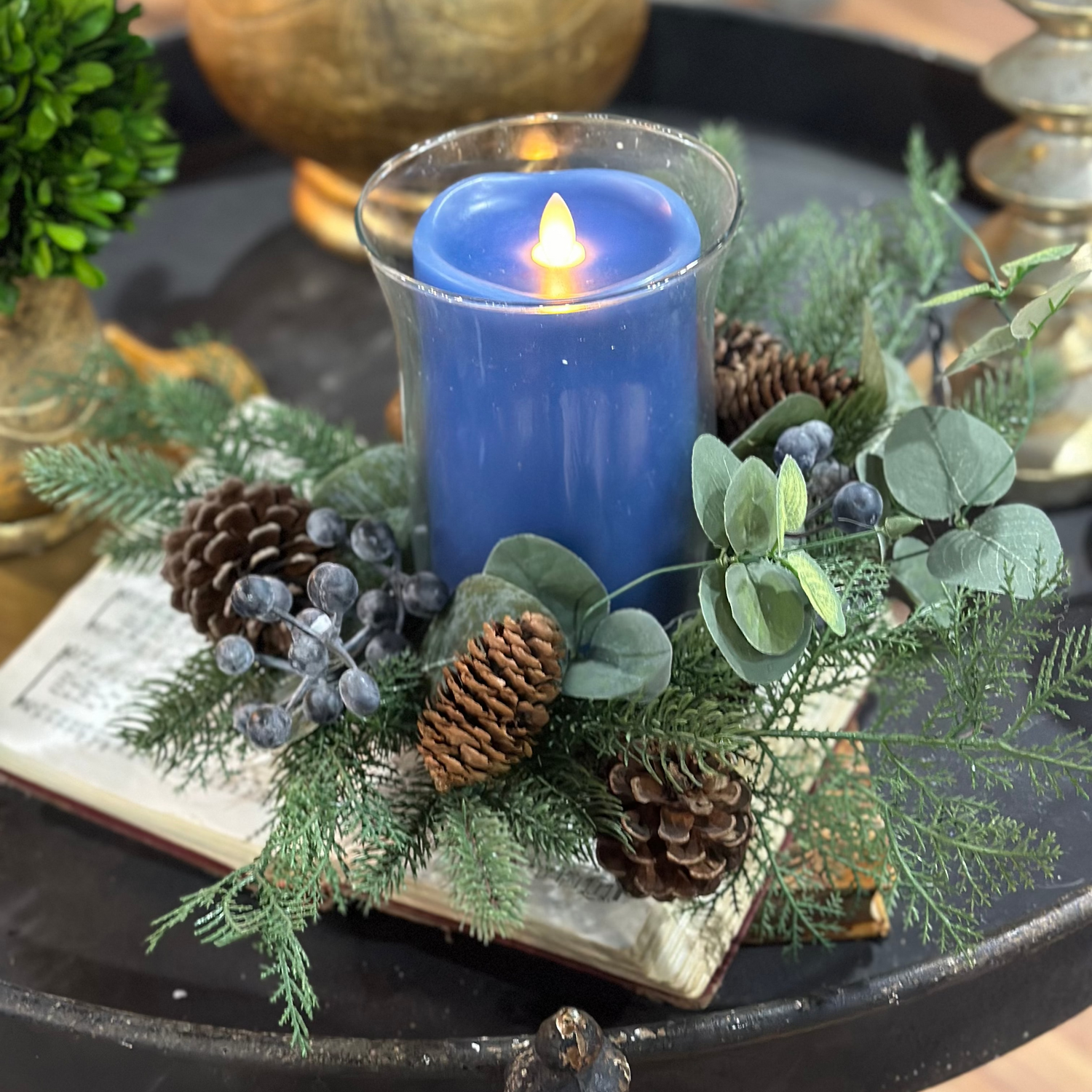 18" Blue Berry And Pine Glass Hurricane Candle Holder