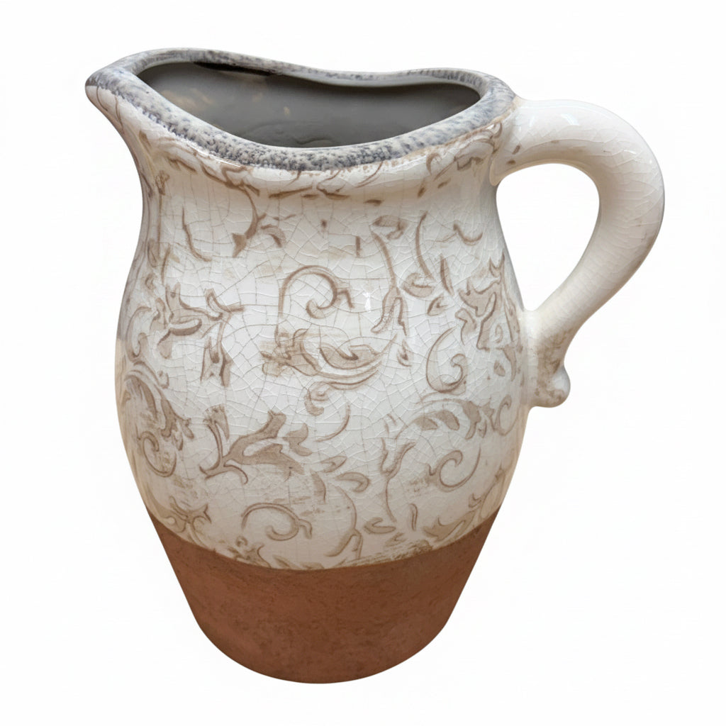 8" Cream Ceramic Pitcher Vase with Tan Floral Pattern
