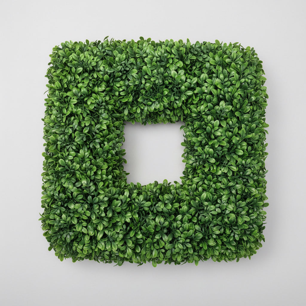 20" UV Protected Dark Green Faux Boxwood Square Wreath