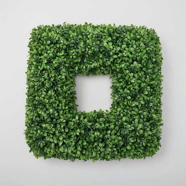 20" UV Protected Dark Green Faux Boxwood Square Wreath