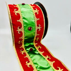 4" Red/ Green / Gold  Embroidered Fleur De Lis Trim with Jewels Ribbon- 5 Yards