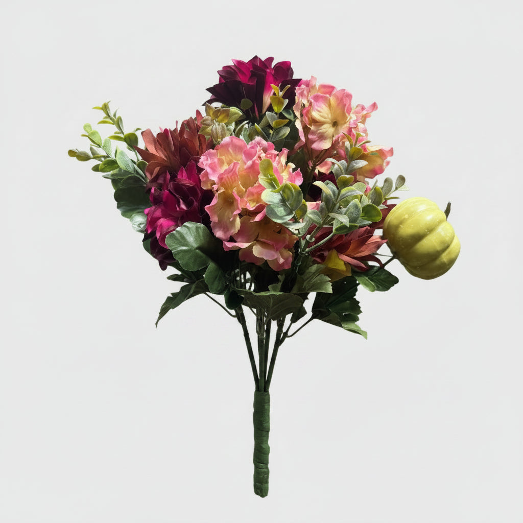 21" Dahlia, Hydrangea, & Pumpkin Bush | Burgundy, Pink, Green