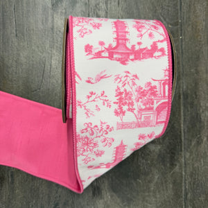 4"X5YDS Pink&White Asian Vista Chinoiserie Deluxe Wired Ribbon