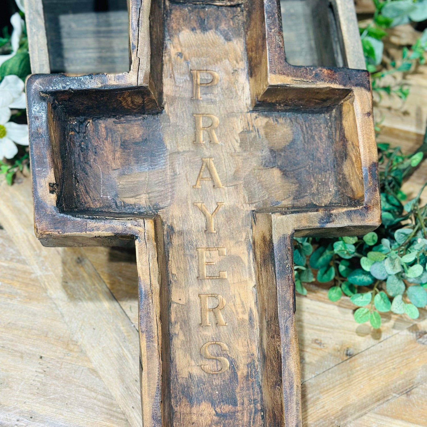 17.75" Large Wood Cross Bowl Engraved Prayers