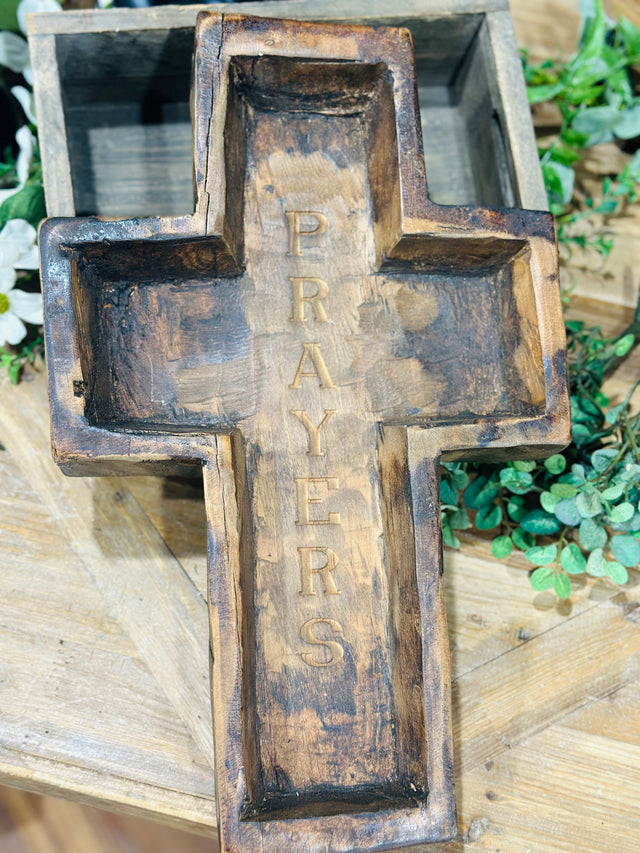 17.75" Large Wood Cross Bowl Engraved Prayers