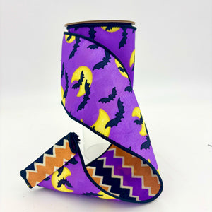 4" x 10 YDS Dupion Halloween Bats/Moon Ribbon with Chevron Backing