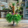 Decorative plant arrangement in a store setting with various floral displays.
