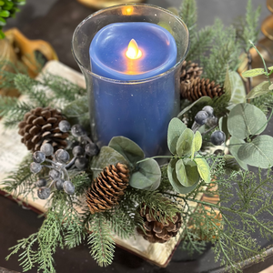 18" Blue Berry And Pine Glass Hurricane Candle Holder