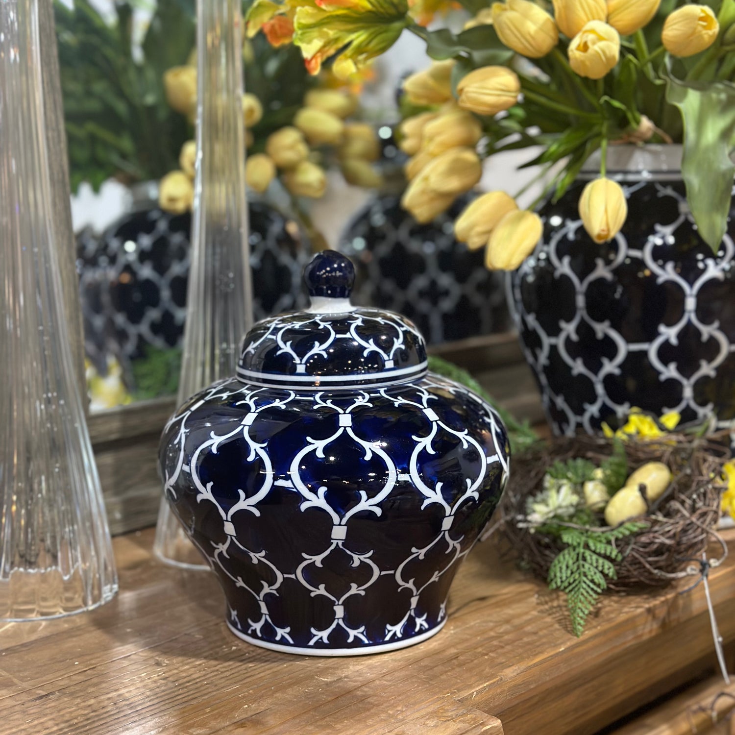 7" Blue & White Quatrefoil Lidded Ceramic Jar