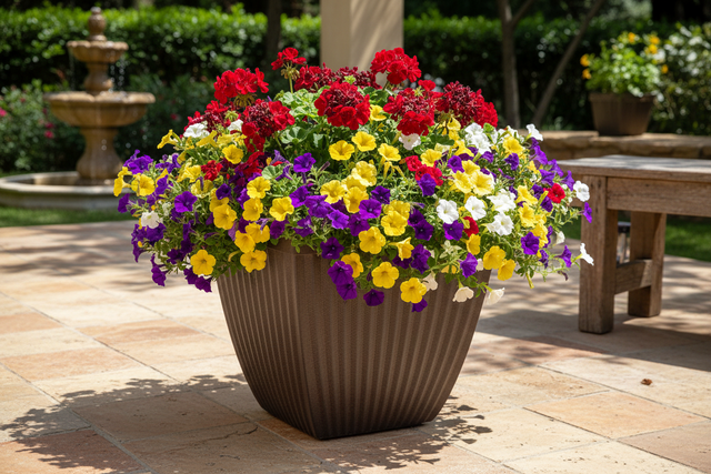 Colorful flower pot with red, yellow, and purple flowers on a patio