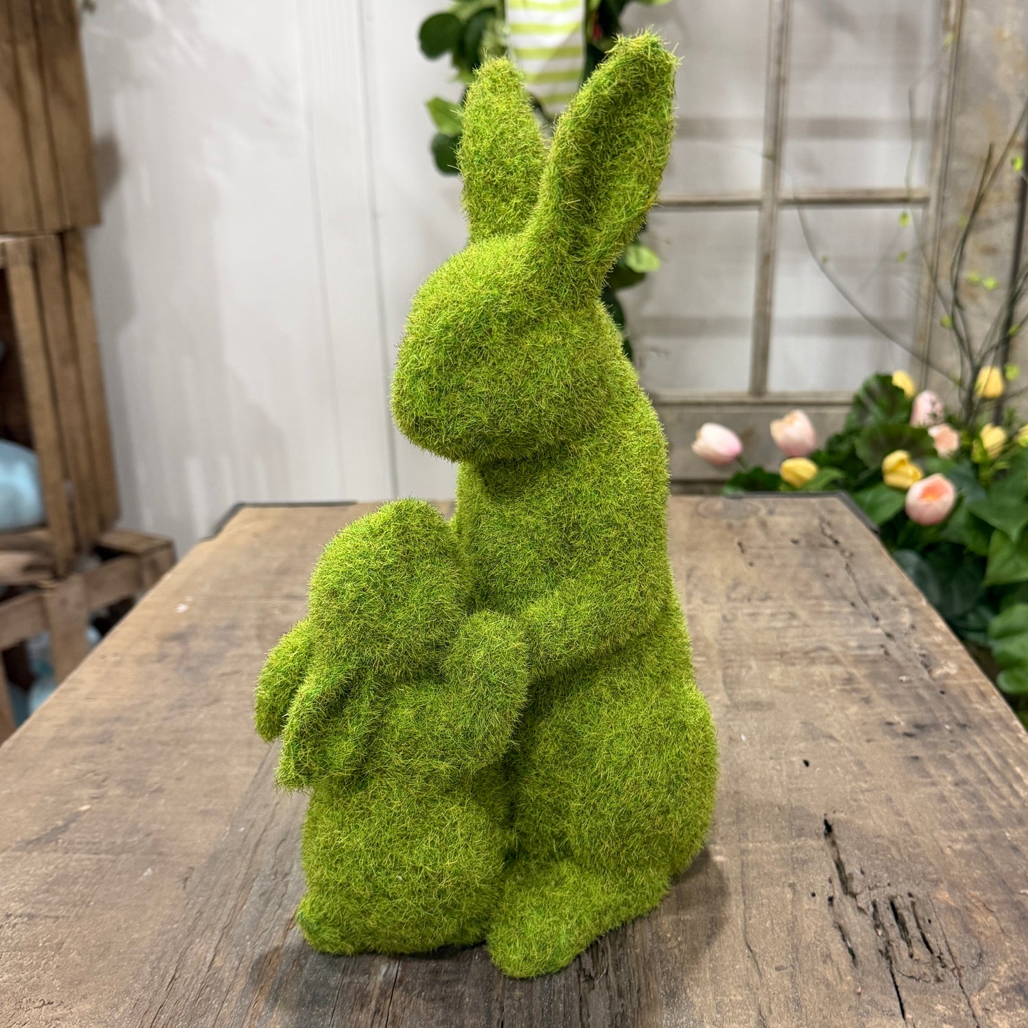 12.25" Flocked Moss Mother & Child Garden Rabbits