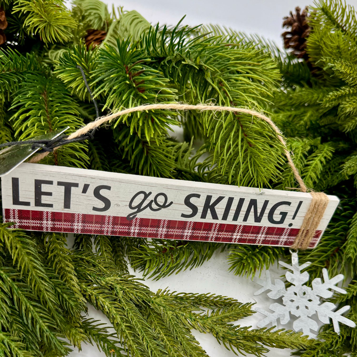 4" Wooden Sign Ornament "Let's Go Skiing"
