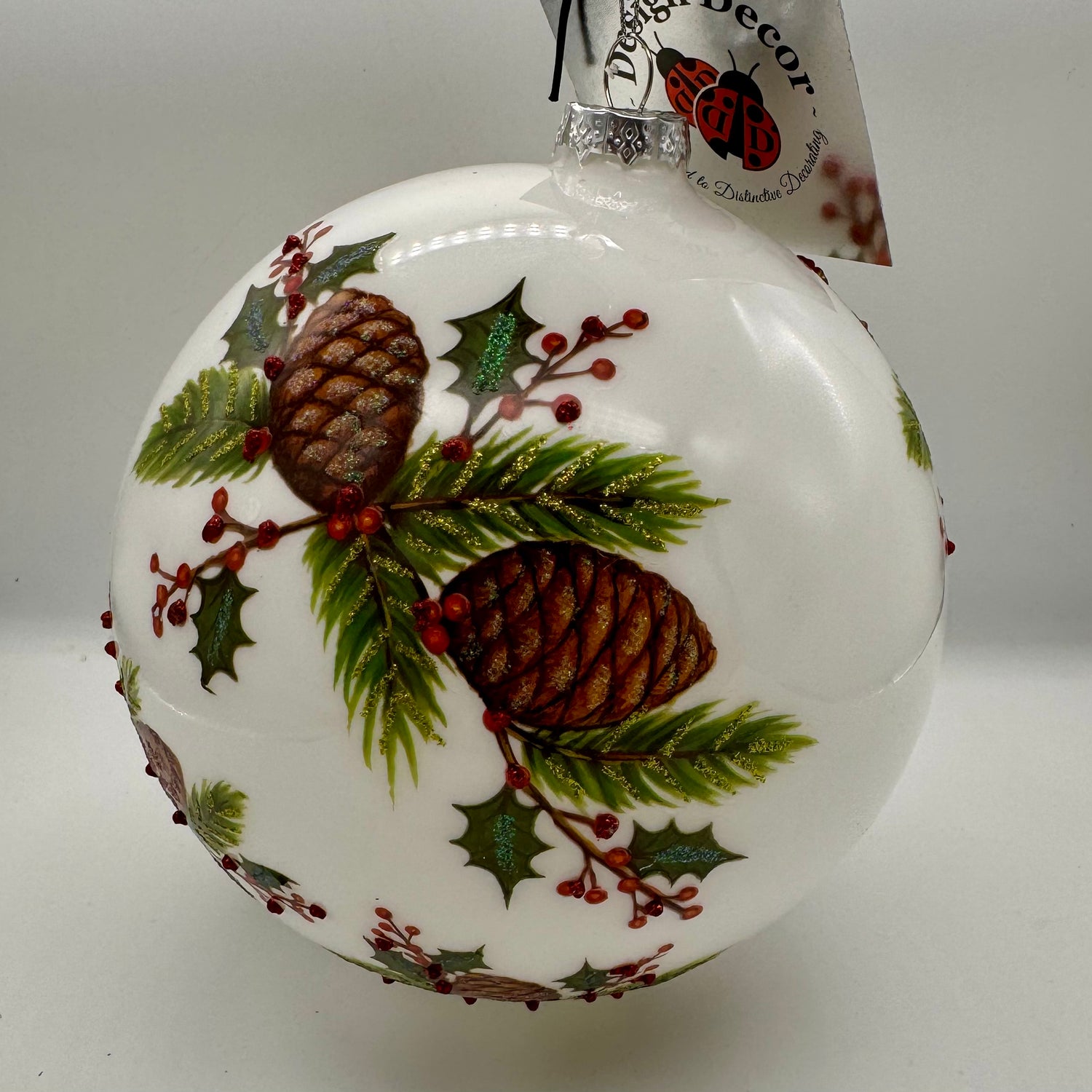 6"Milk Glass Pine and Holly Branch Ball Ornament