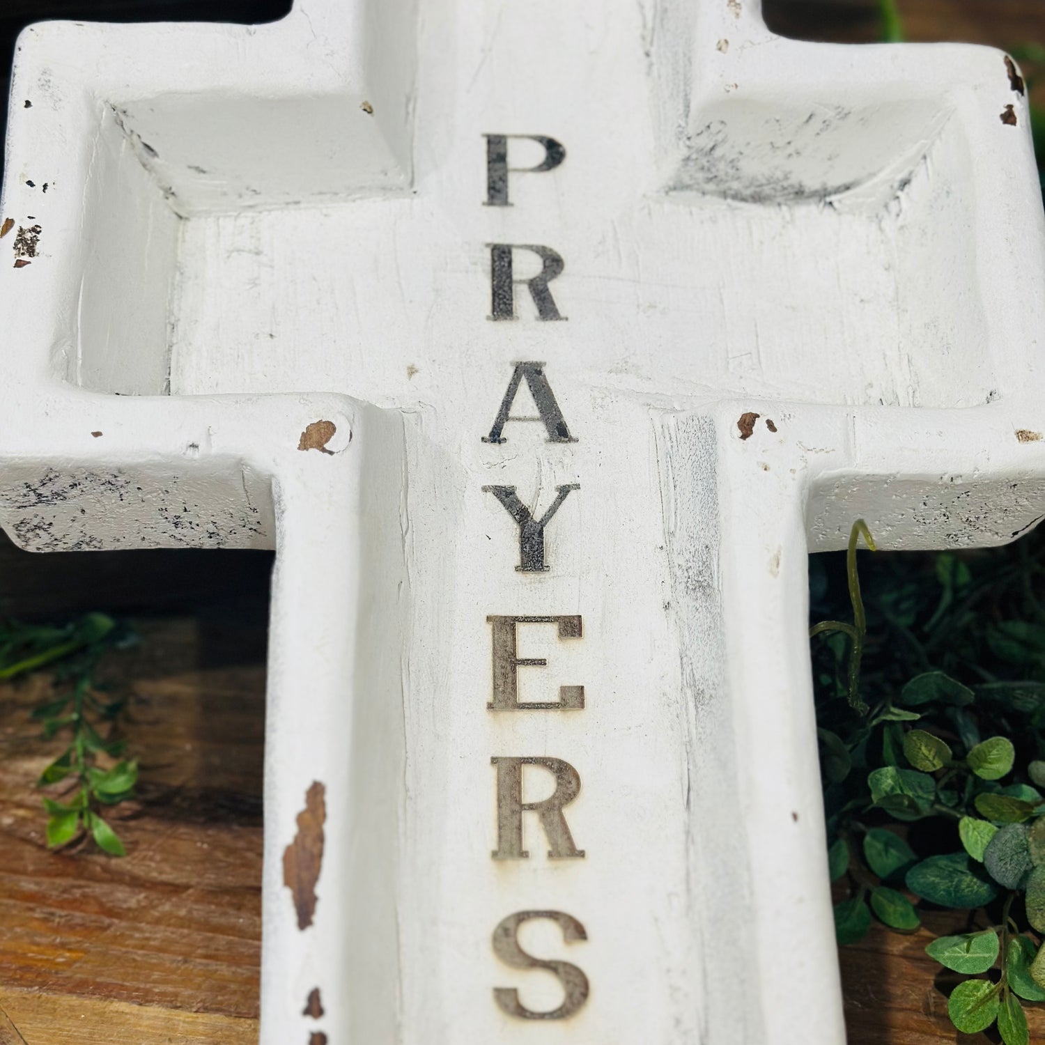 17.75" Large Wood Cross Bowl Engraved Prayers