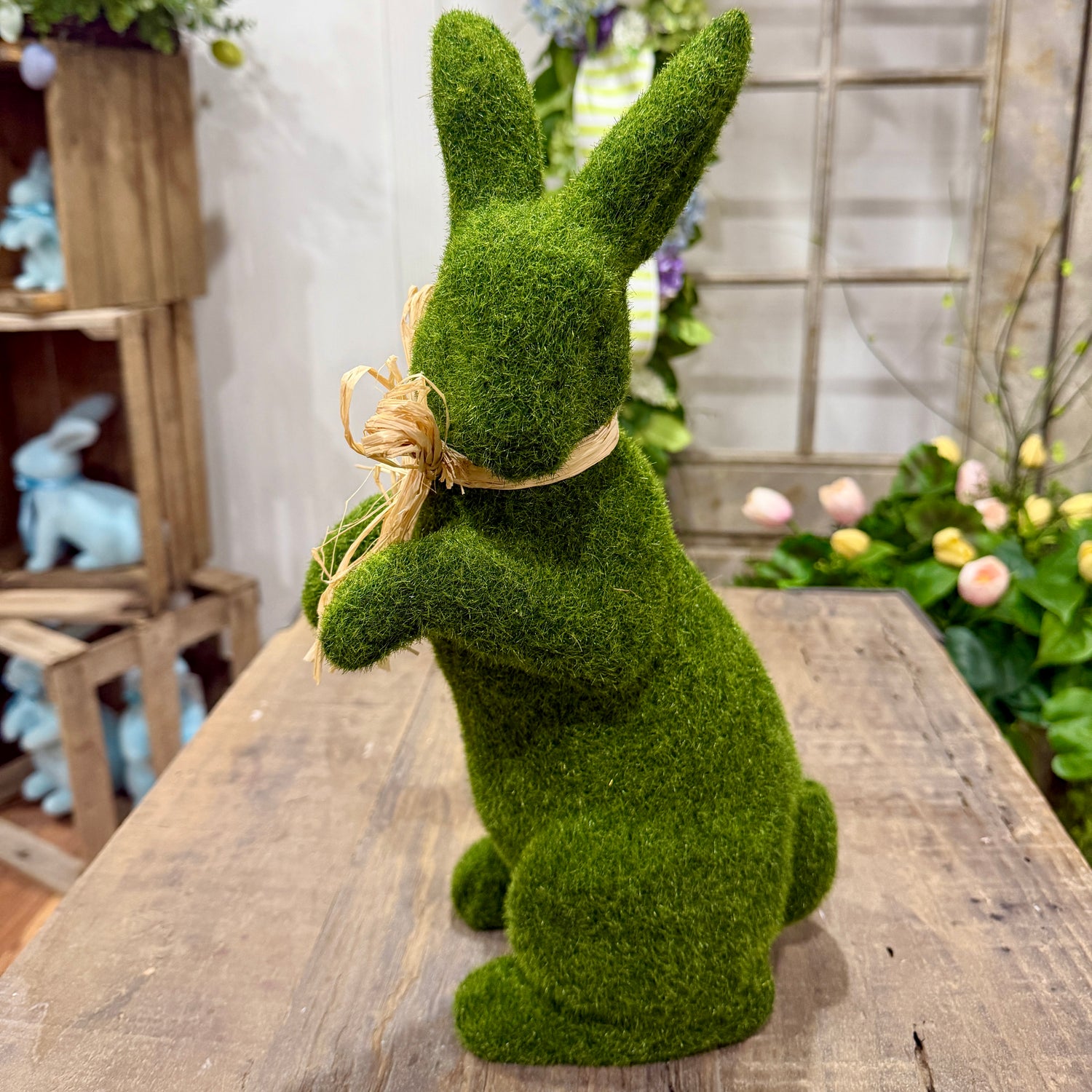 16" Moss Rabbit w/Raffia Bow | Easter Bunny Decor (Sold Individually)